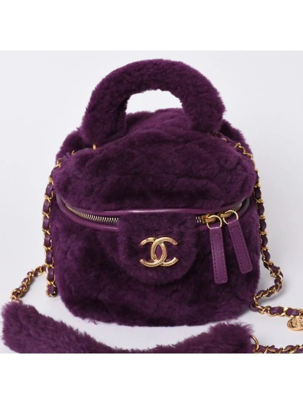 Chanel CC Logo Vanity 2-Way Shoulder Bag Shearling Purple Gold